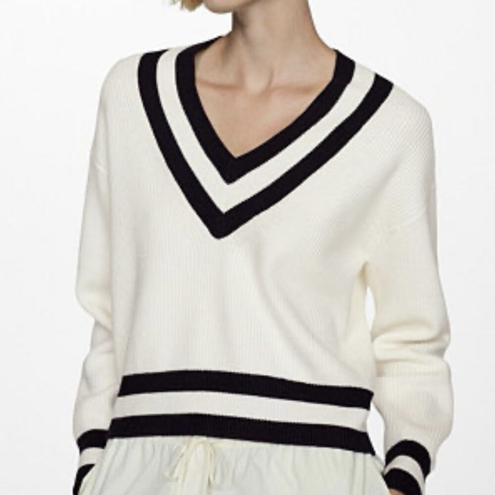 Mango Women’s S Contrast V-Neck Striped Sweater Black White Preppy Coastal Work